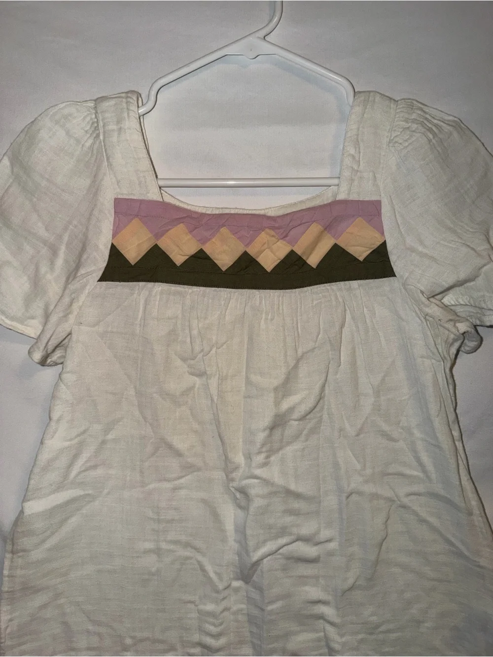 Madewell XXS Cream Geometric Patchwork Puff Sleeve Babydoll Blouse